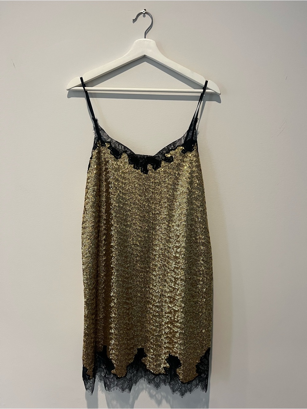 Robert Rodriguez Gold Sequin Slip Dress with Black Lace Trim BNWT